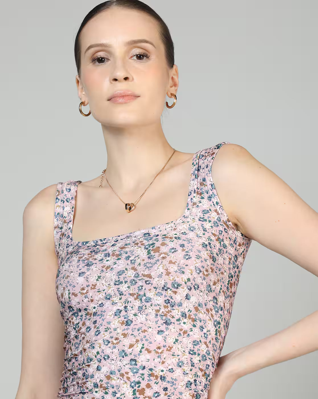 Sleeveless Floral Print Ruched Mini Bodycon Dress