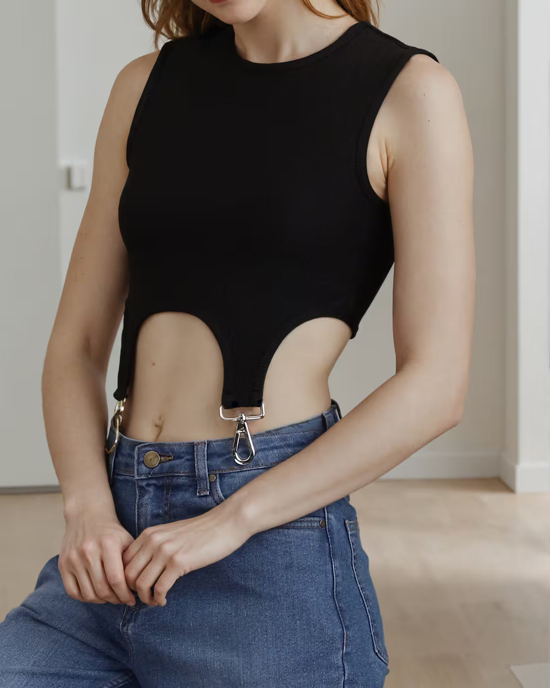 Dressbees Fitted Sleeveless Cut-Out Harness Strap Ribbed Crop Top