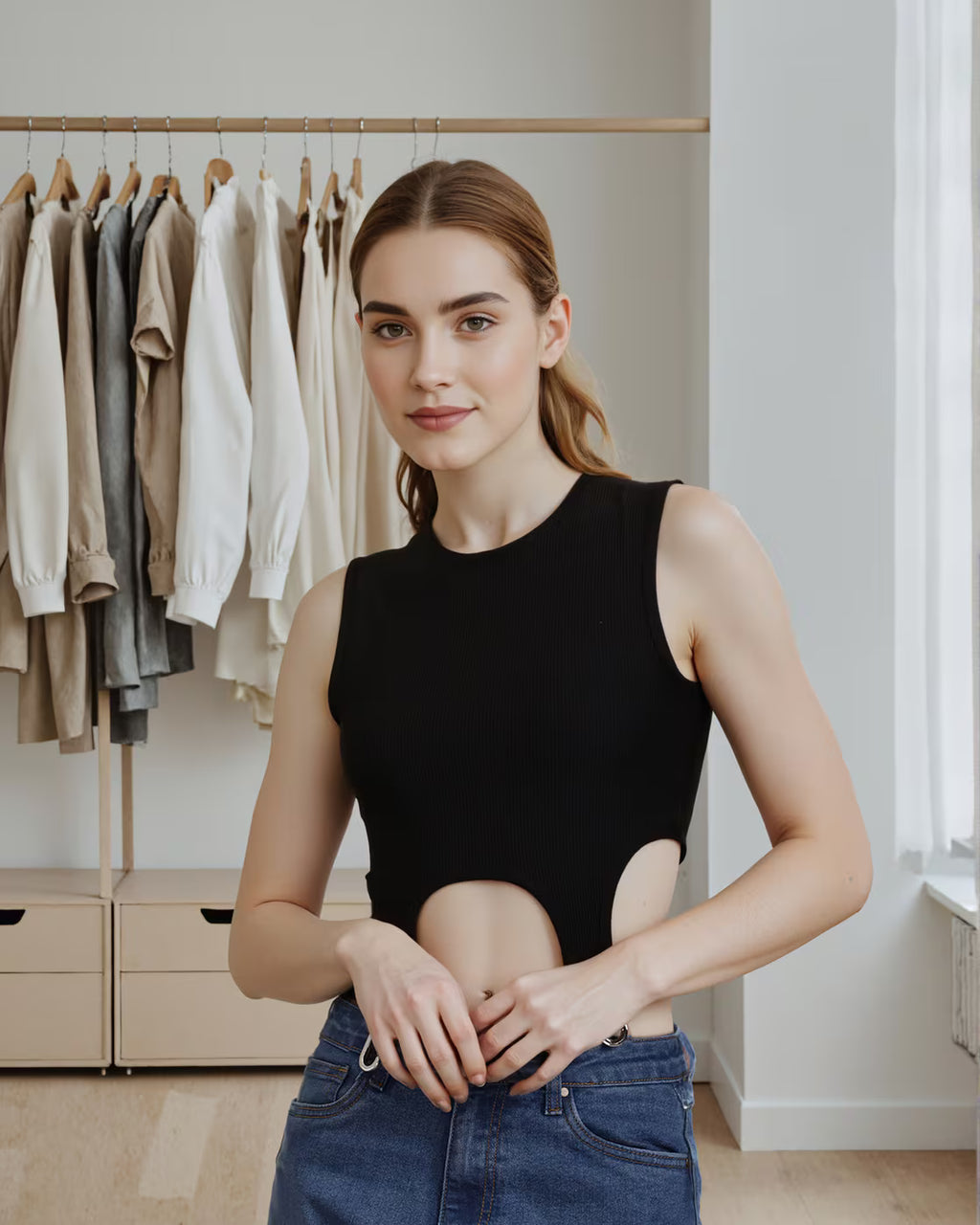 Fitted Sleeveless Cut-Out Harness Strap Ribbed Crop Top