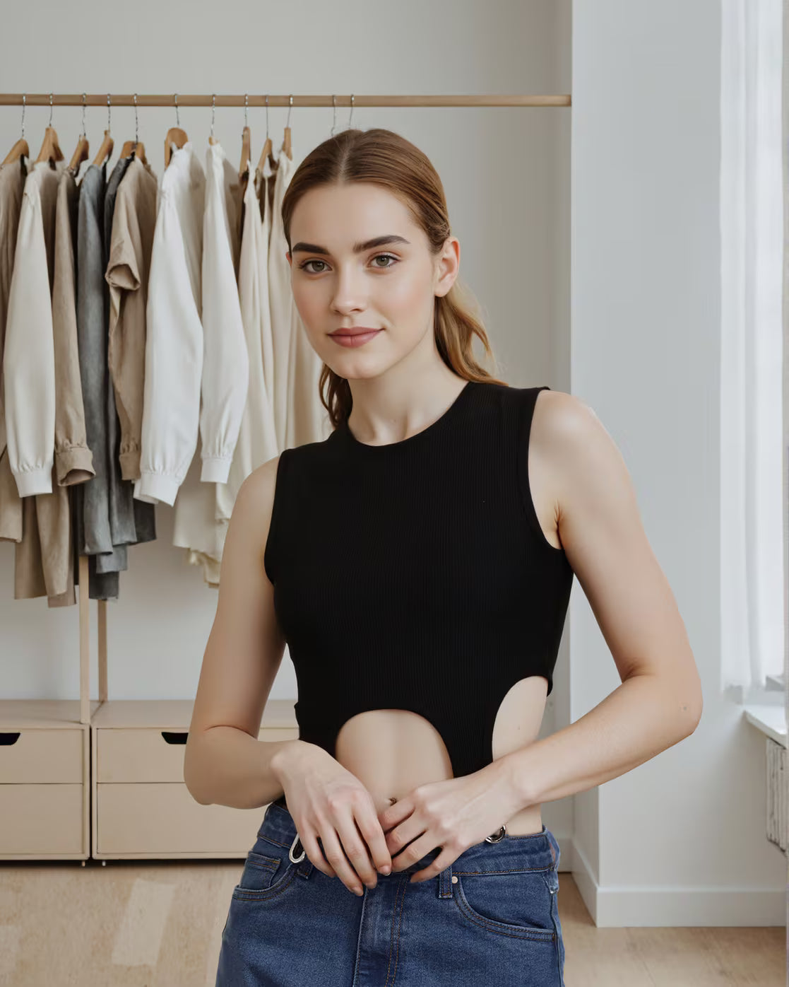 Fitted Sleeveless Cut-Out Harness Strap Ribbed Crop Top