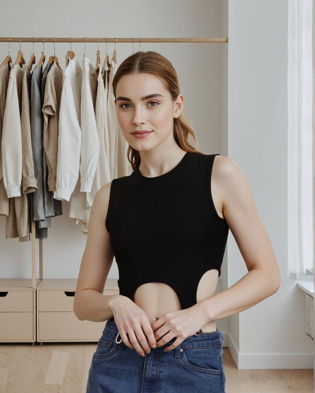 Dressbees Fitted Sleeveless Cut-Out Harness Strap Ribbed Crop Top