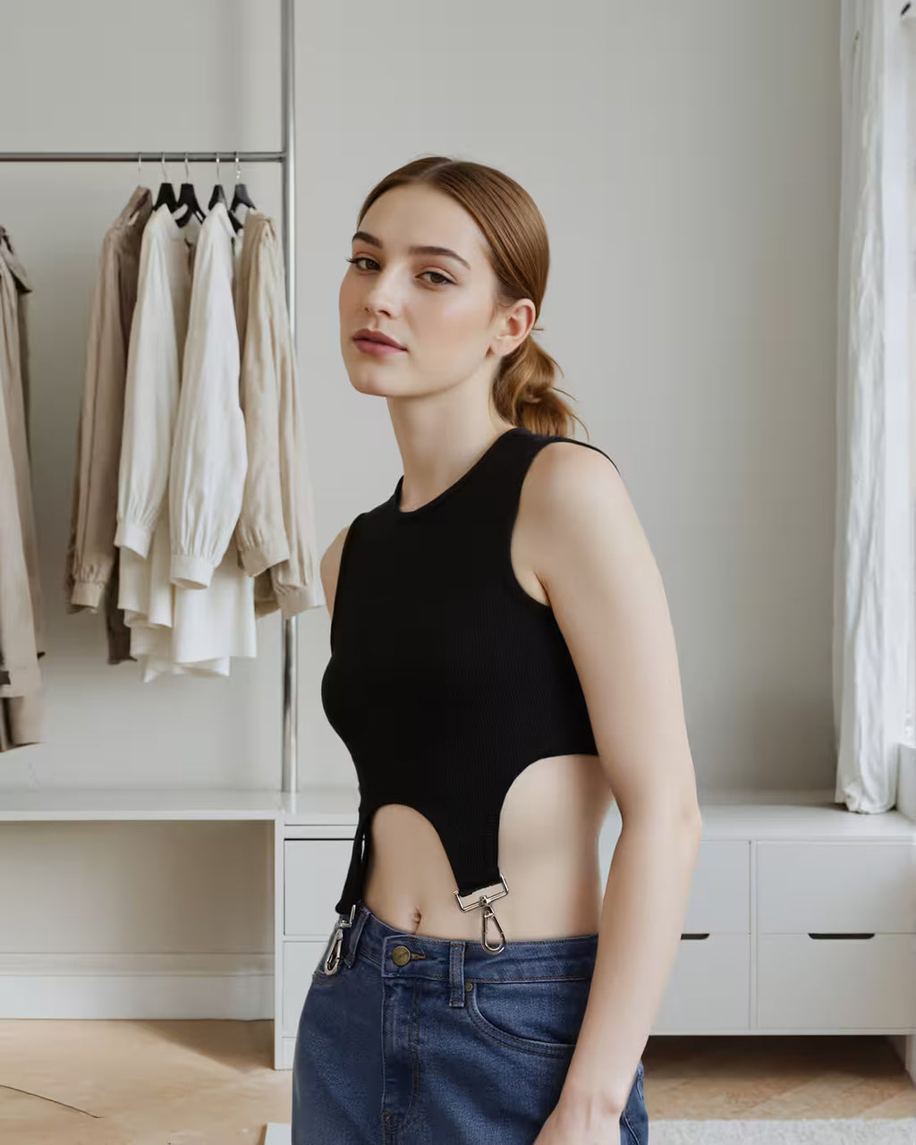 Fitted Sleeveless Cut-Out Harness Strap Ribbed Crop Top