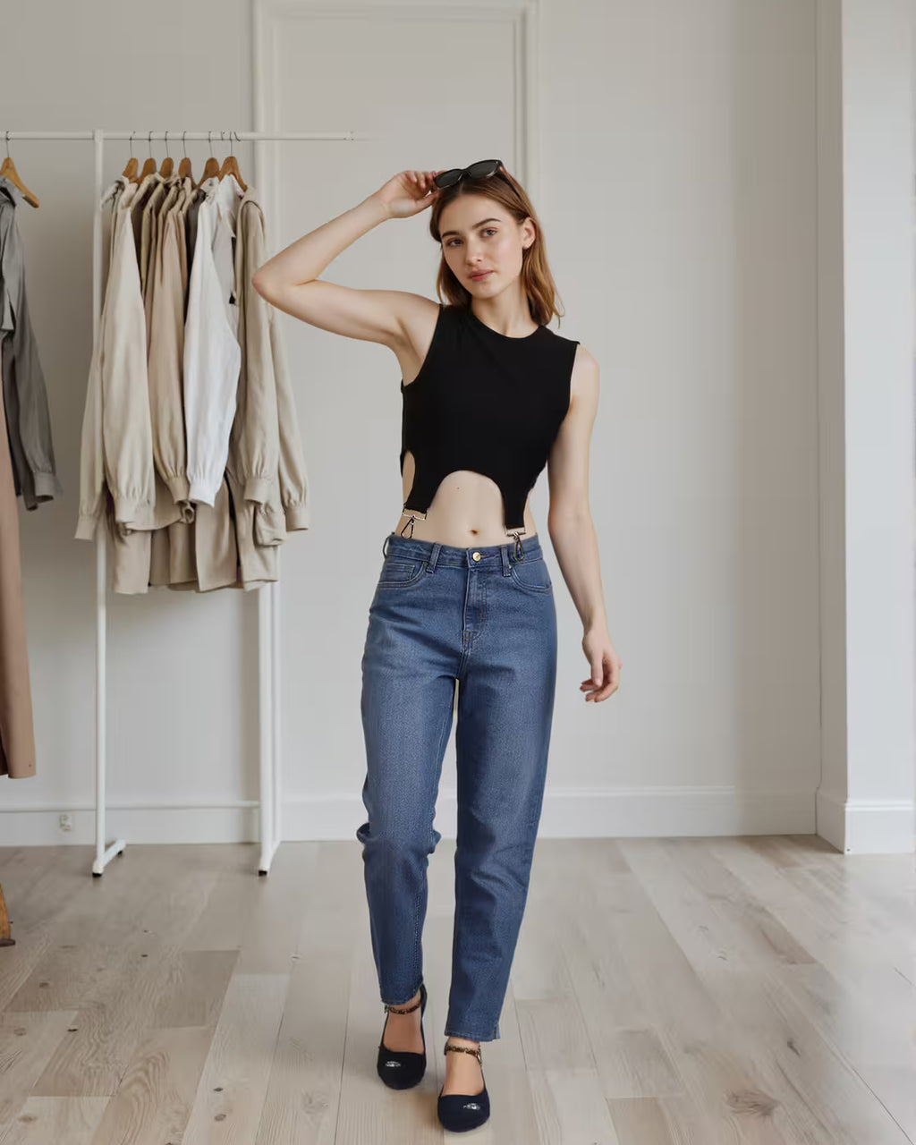 Fitted Sleeveless Cut-Out Harness Strap Ribbed Crop Top