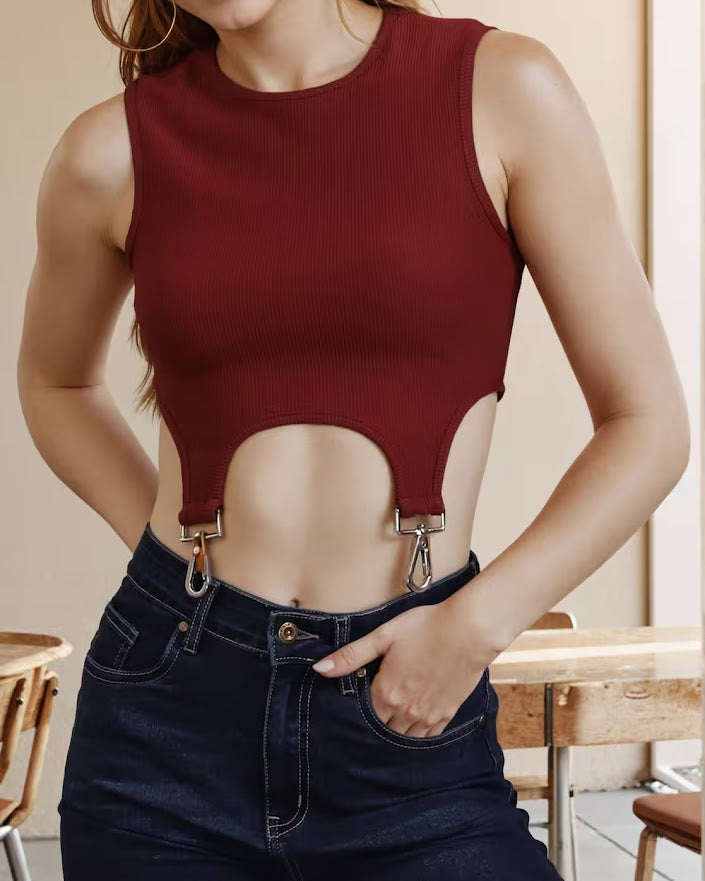 Fitted Sleeveless Cut-Out Harness Strap Ribbed Crop Top