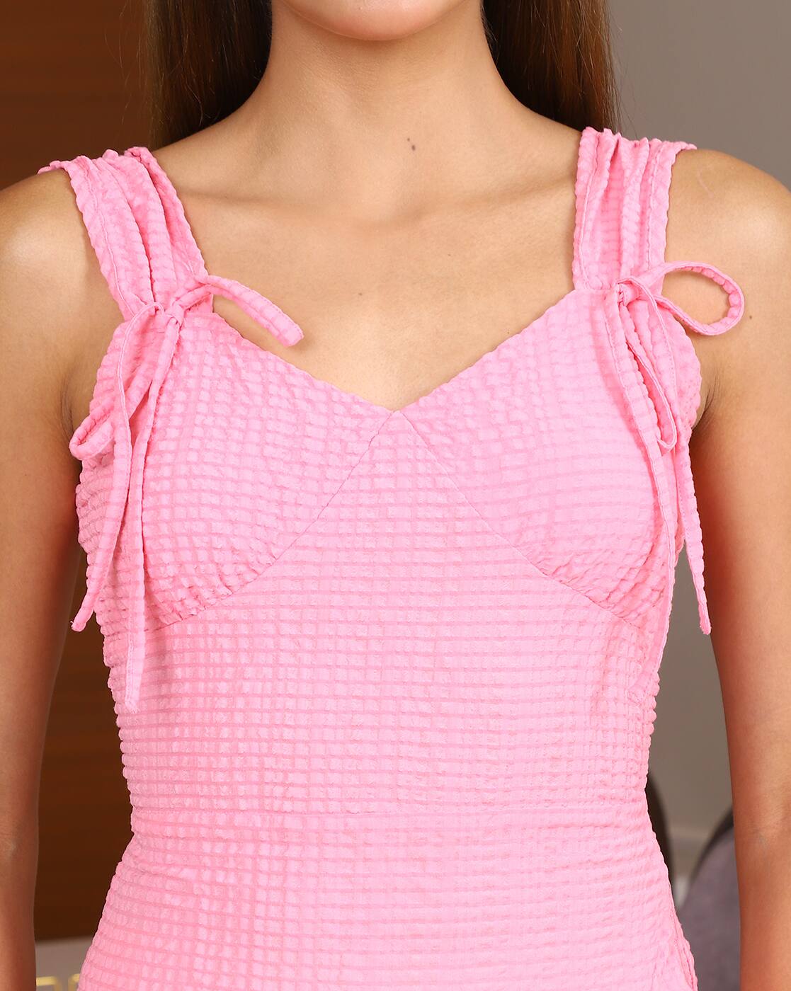 Cute Strappy Sleeve Ruffled Textured Mini A-Line Dress