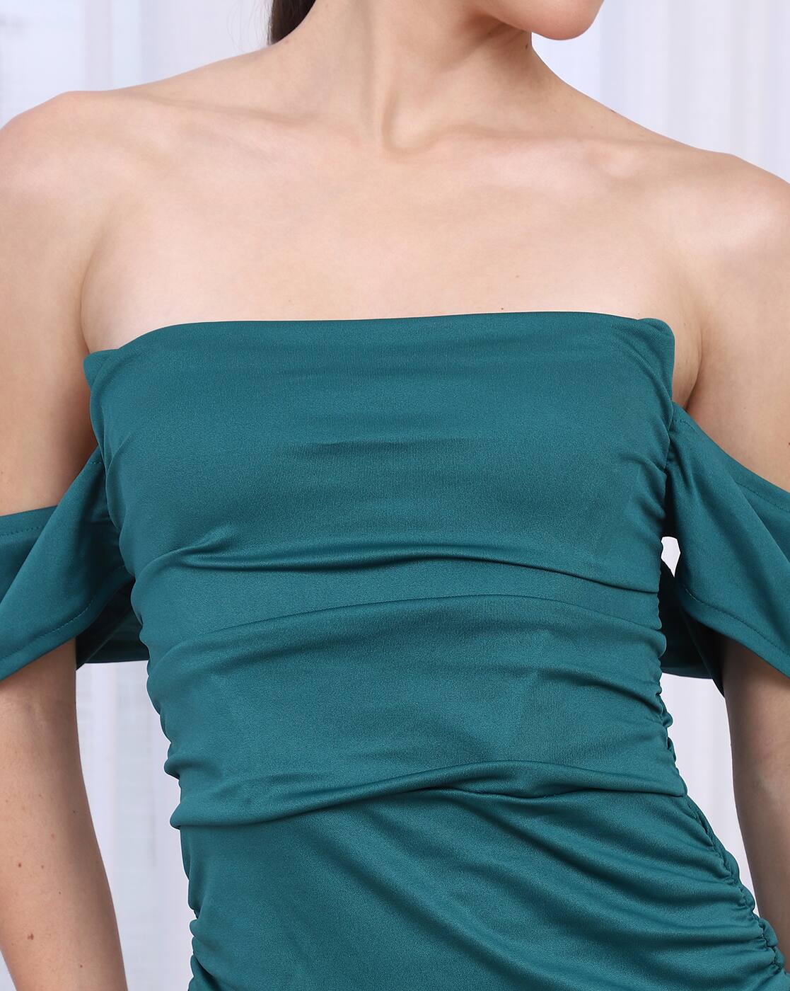 Party Midi Length Slit Hem Square Neck Ruched Bodycon Dress