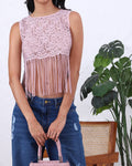Fitted Sleeveless Fringe Detail Sheer Lace Crop Top