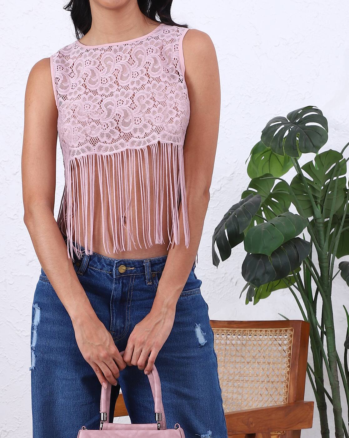 Fitted Sleeveless Fringe Detail Sheer Lace Crop Top