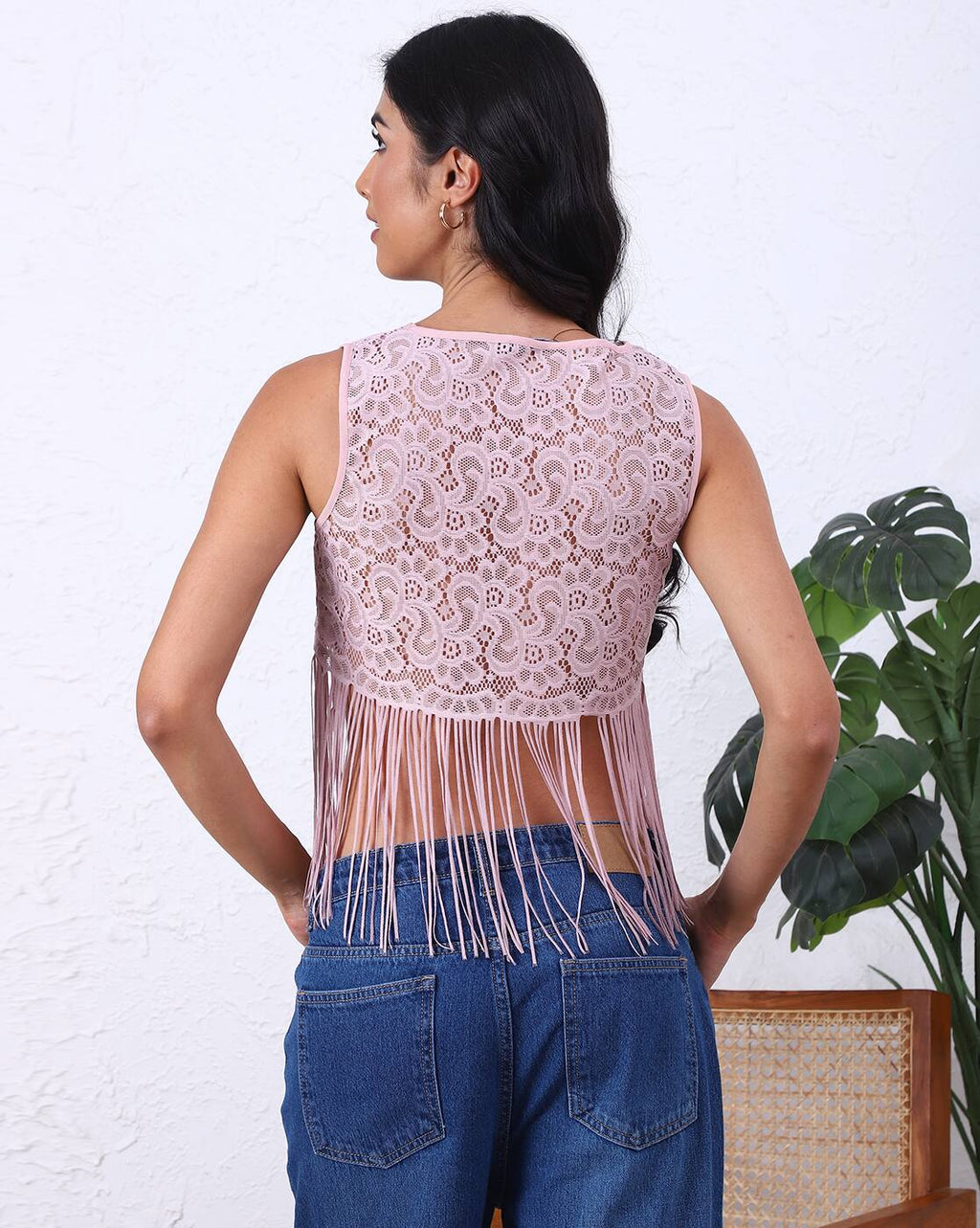 Fitted Sleeveless Fringe Detail Sheer Lace Crop Top