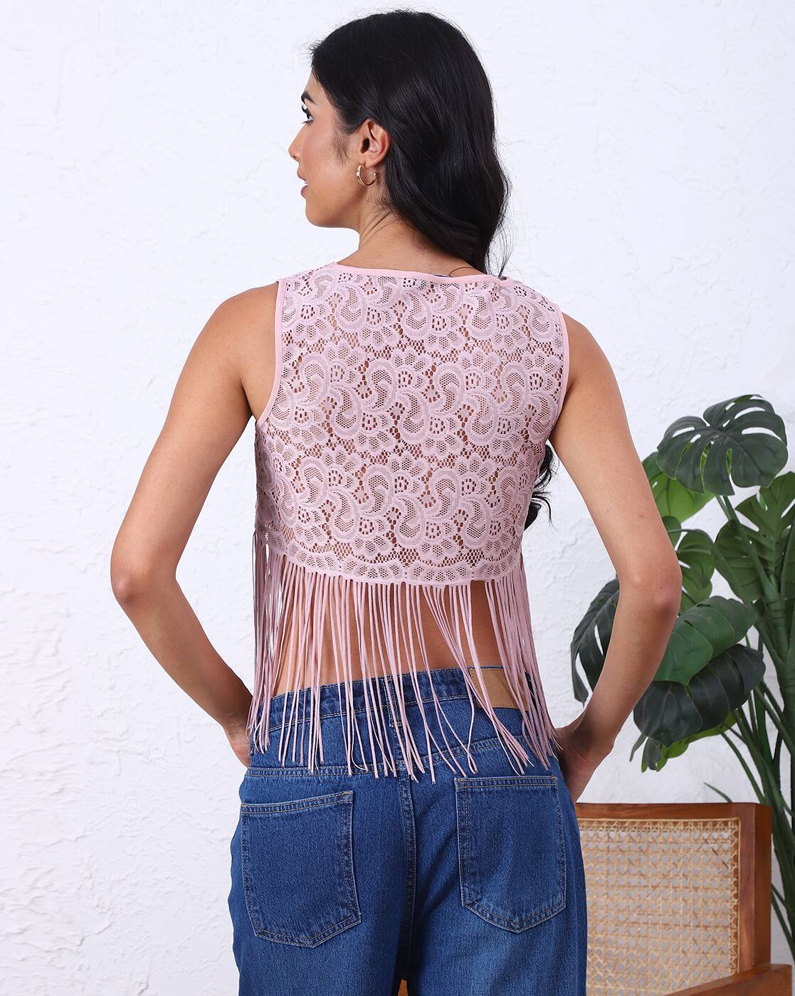 Fitted Sleeveless Fringe Detail Sheer Lace Crop Top