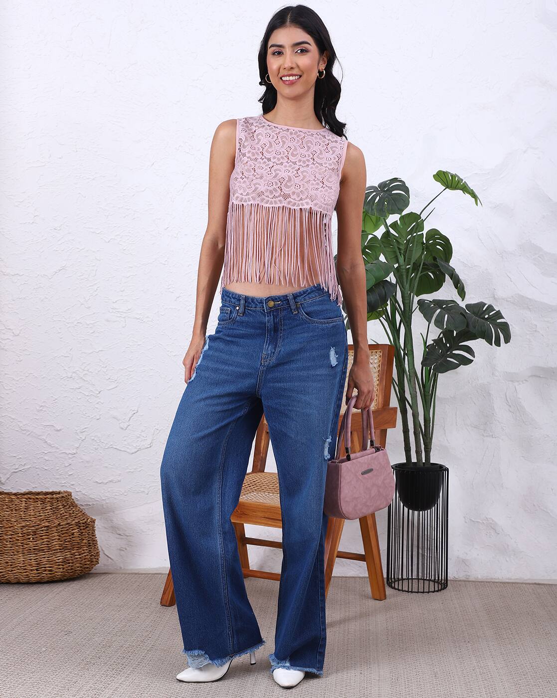 Fitted Sleeveless Fringe Detail Sheer Lace Crop Top