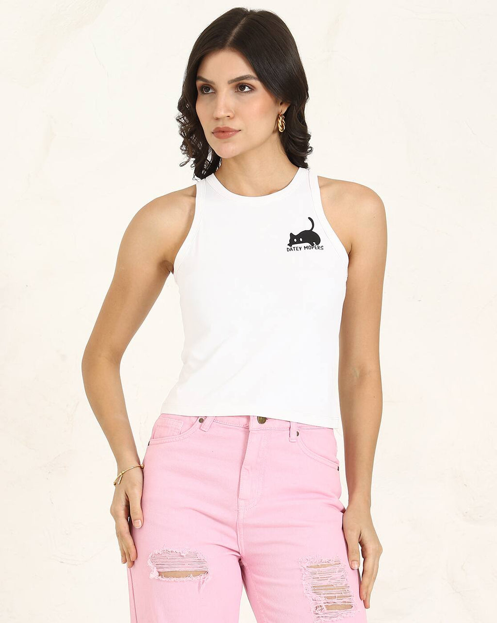 Dressbees Fitted Sleeveless Graphic Placement Print Short Tank Top