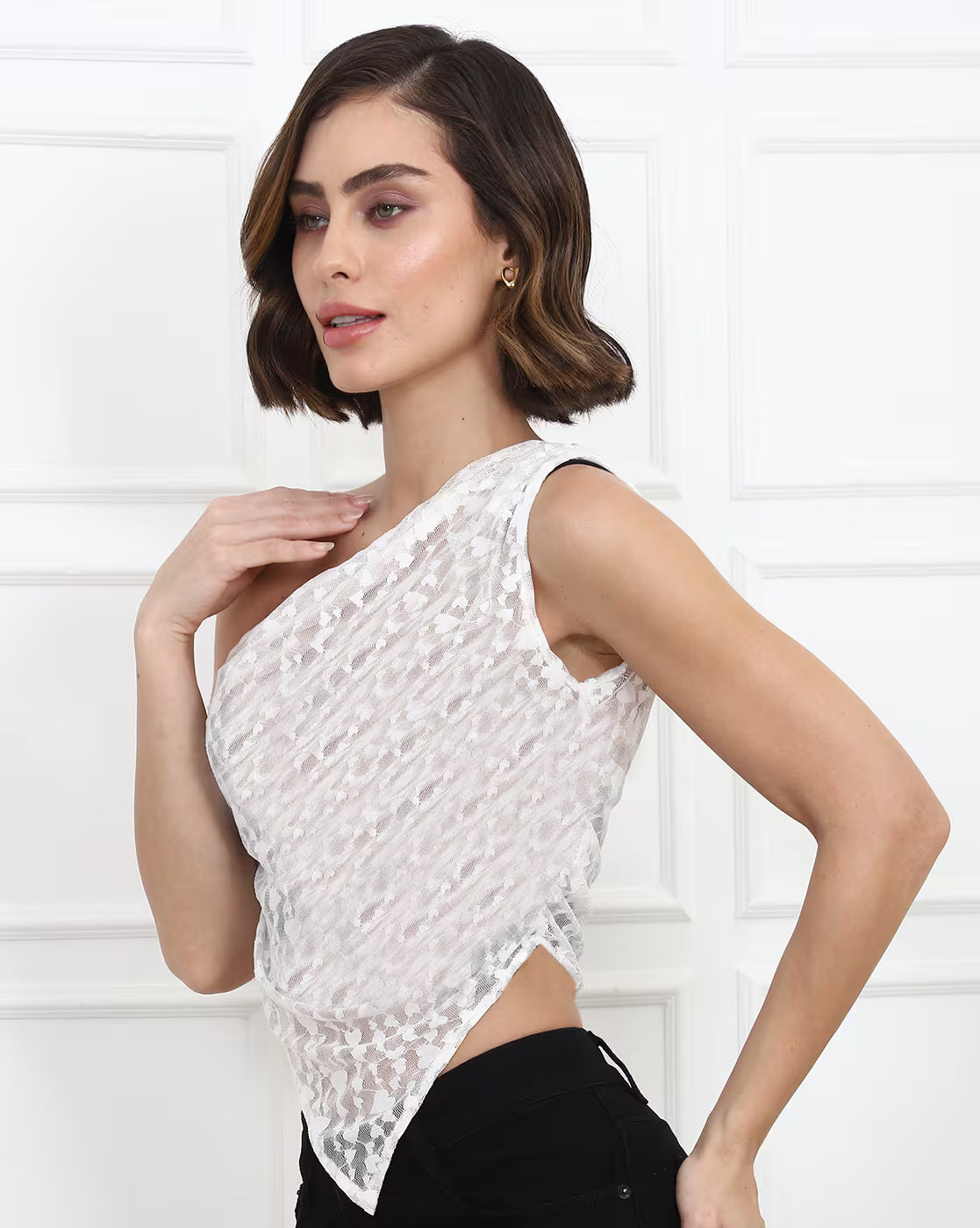 Party Fitted One Shoulder Novelty Lace Semi Sheer Top