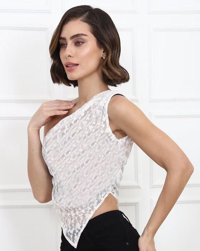 Party Fitted One Shoulder Novelty Lace Semi Sheer Top