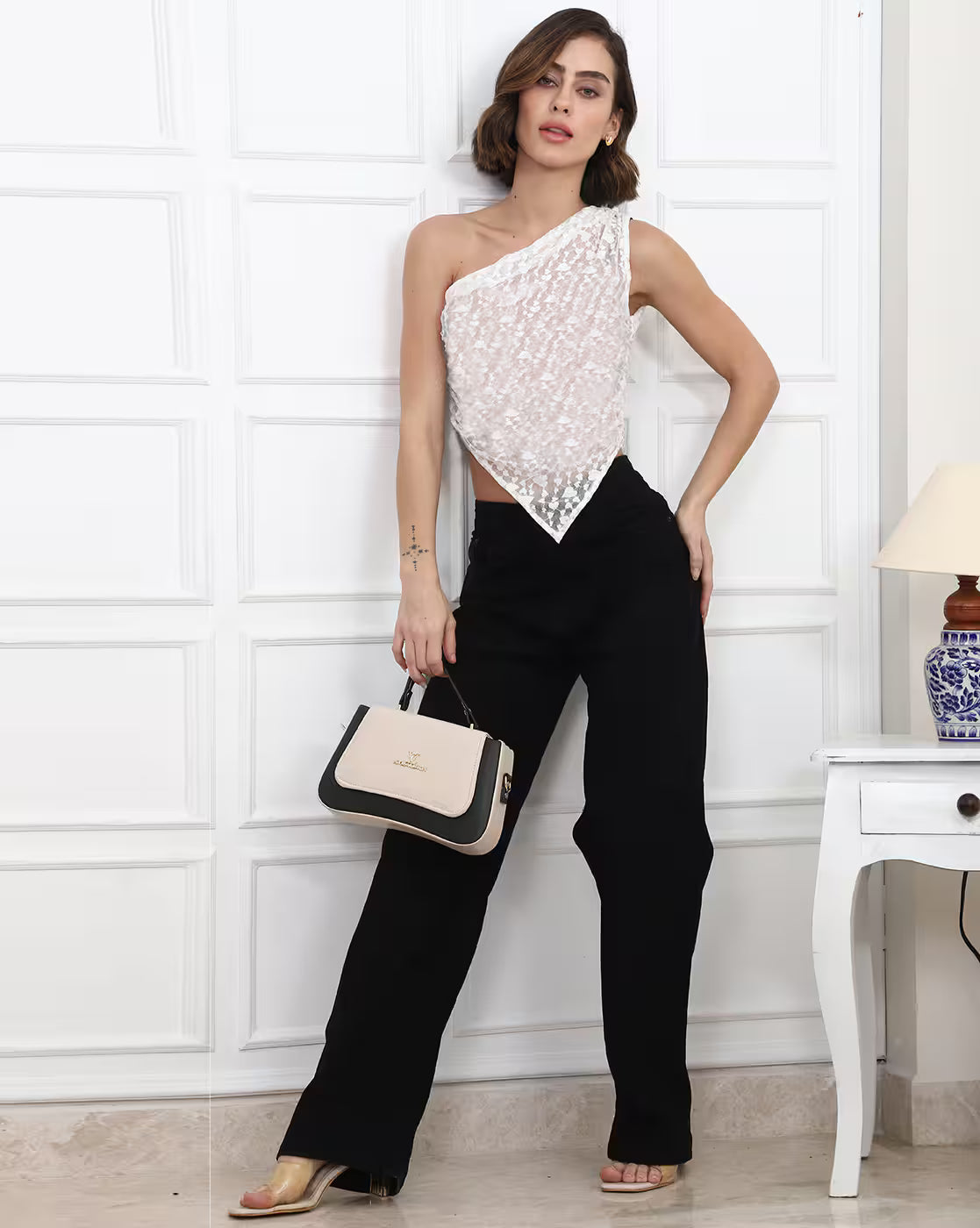 Party Fitted One Shoulder Novelty Lace Semi Sheer Top