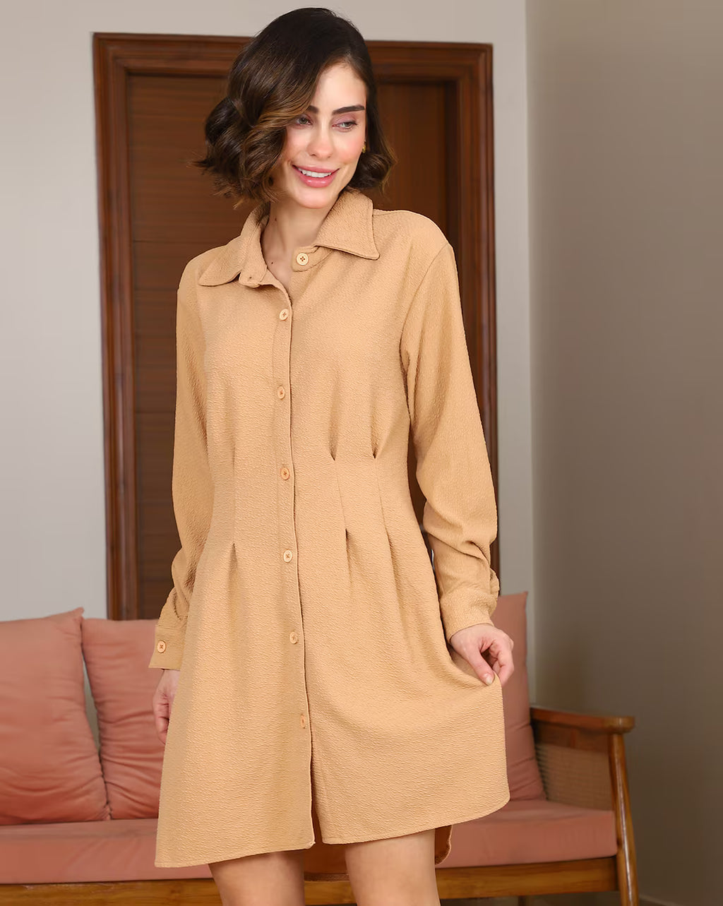 Spread Collar Cuffed Sleeve Pleated Shirt Dress