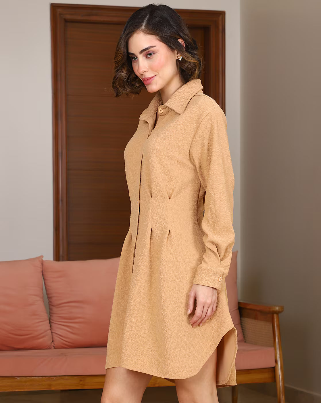 Spread Collar Cuffed Sleeve Pleated Shirt Dress