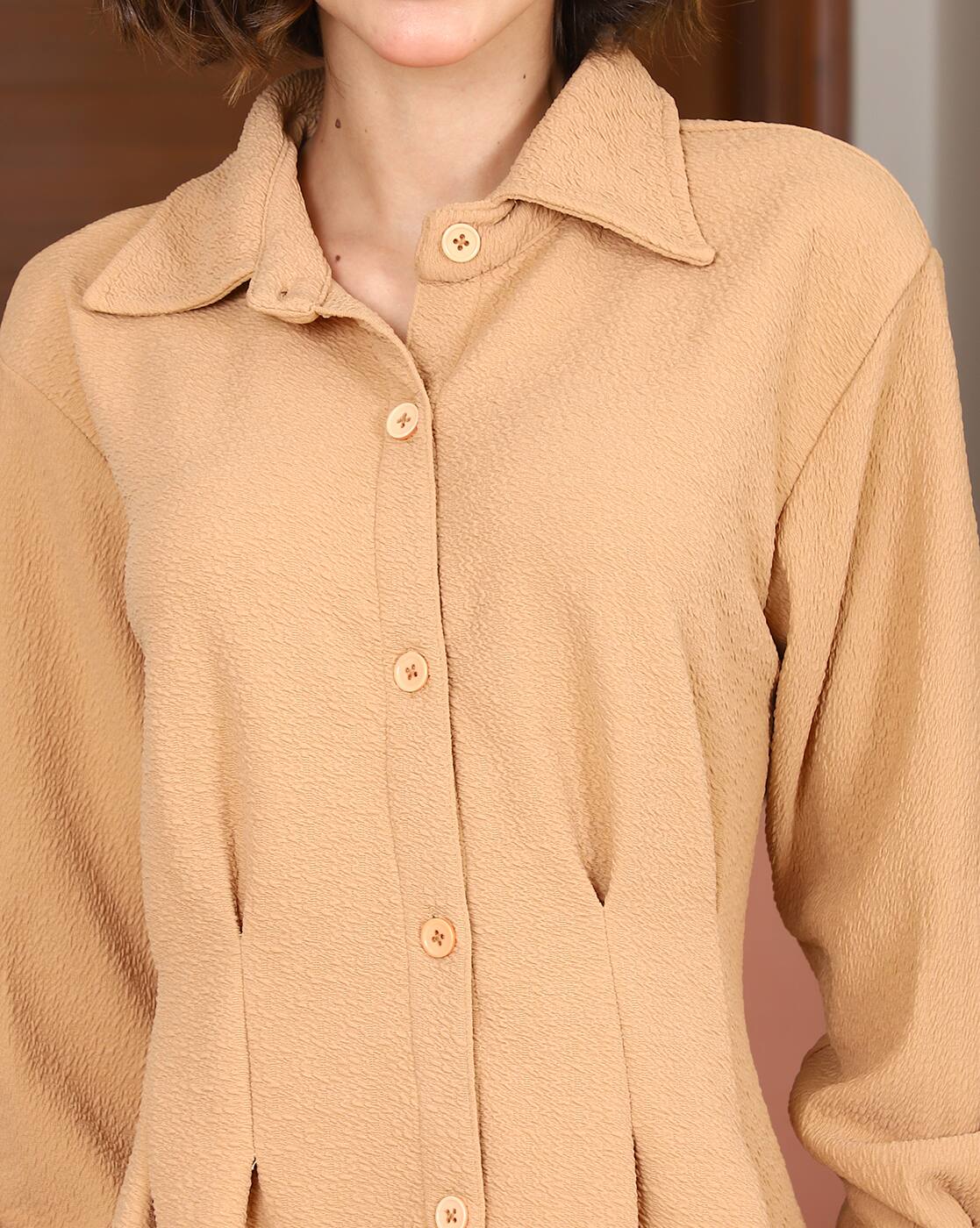 Spread Collar Cuffed Sleeve Pleated Shirt Dress