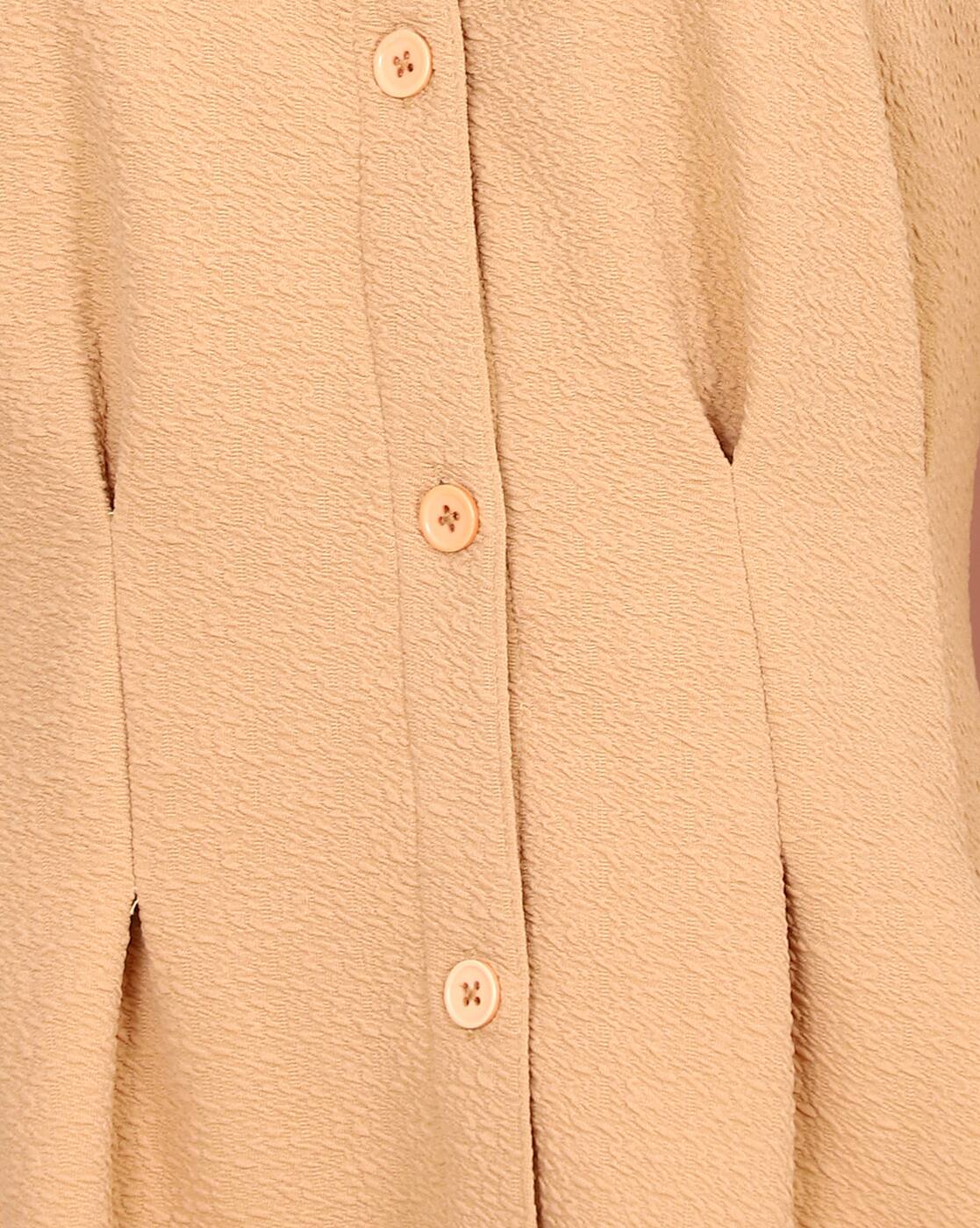 Spread Collar Cuffed Sleeve Pleated Shirt Dress