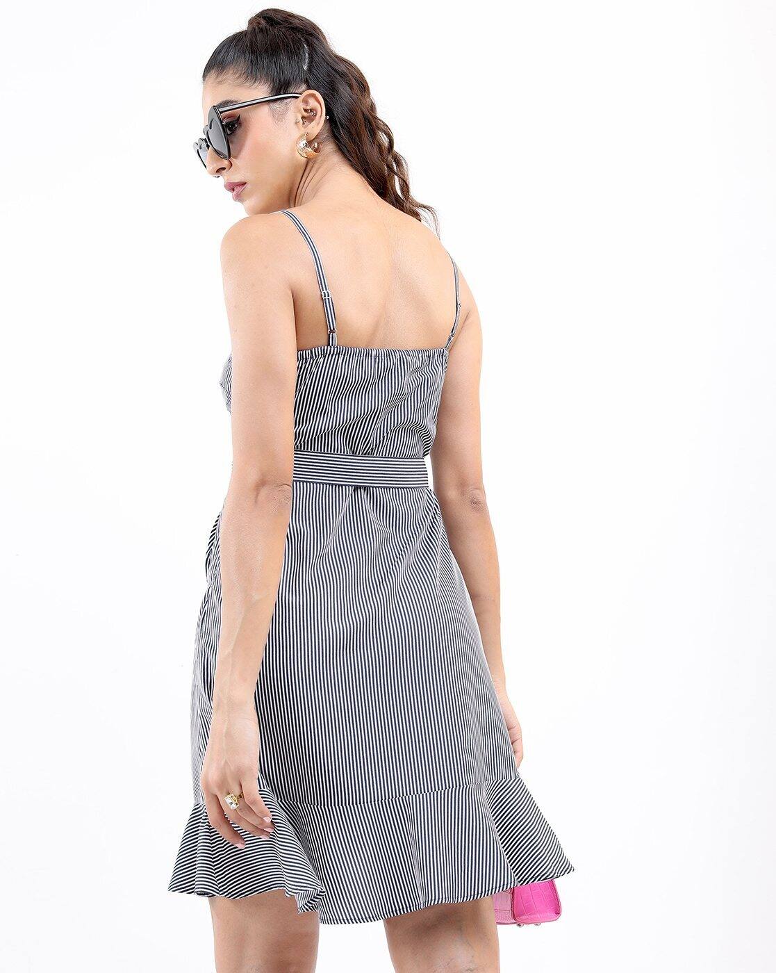 Striped A-Line Dress with Flounce |