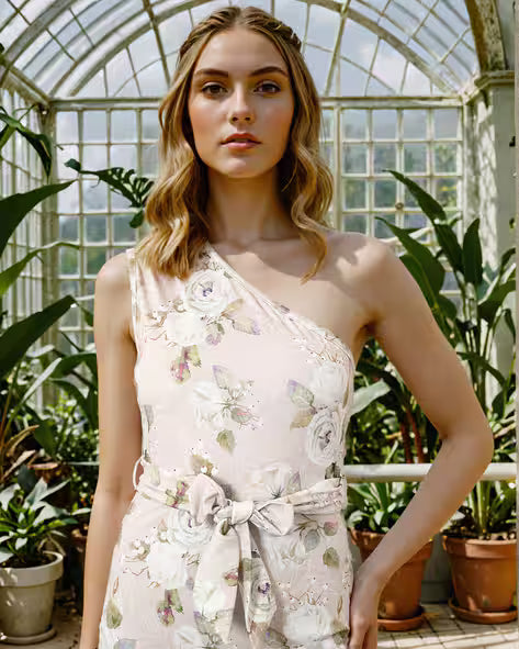 Dressbees One Shoulder Floral Print Split Dress with Front Tie-Knot