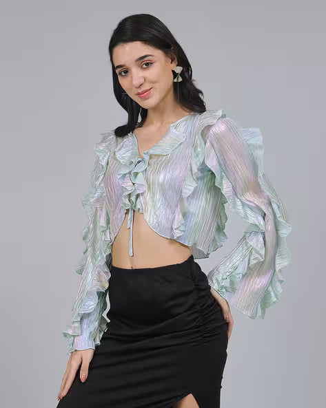 Party Tie-Up Neck Bell Sleeves Shimmer Ruffled Loose Fit Blouson