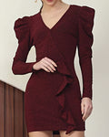 Dressbees wine mock wrap front ruffle bodycon dress