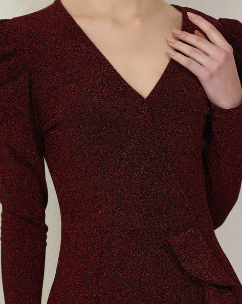 Dressbees wine mock wrap front ruffle bodycon dress