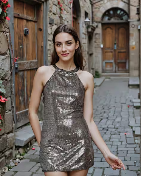 Dressbees Halter Neck metallic sequined Mini Dress