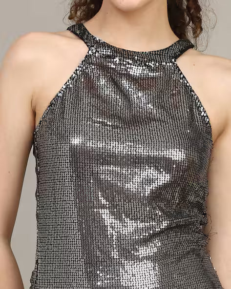 Dressbees Halter Neck metallic sequined Mini Dress