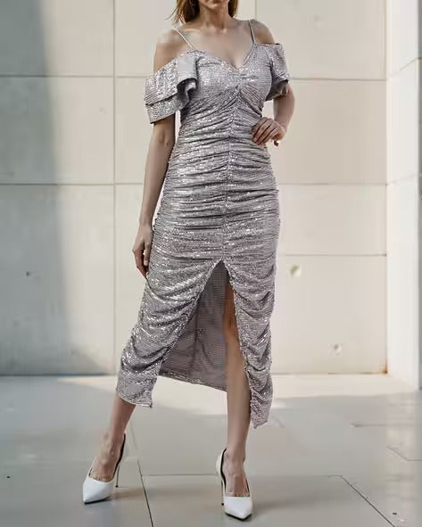 Dressbees Party Cold Shoulder Ruffle Sleeves Ruched Split Dress