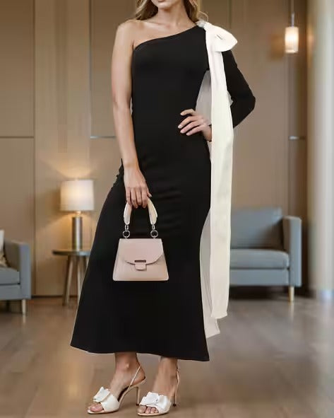 Dressbees One shoulder Bow Drape maxi mermaid Dress