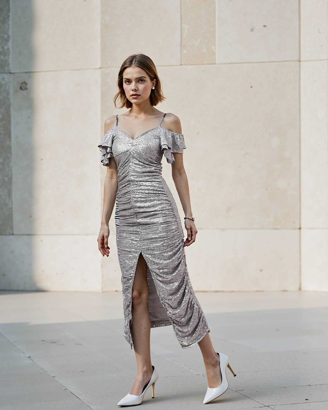 Dressbees Party Cold Shoulder Ruffle Sleeves Ruched Split Dress