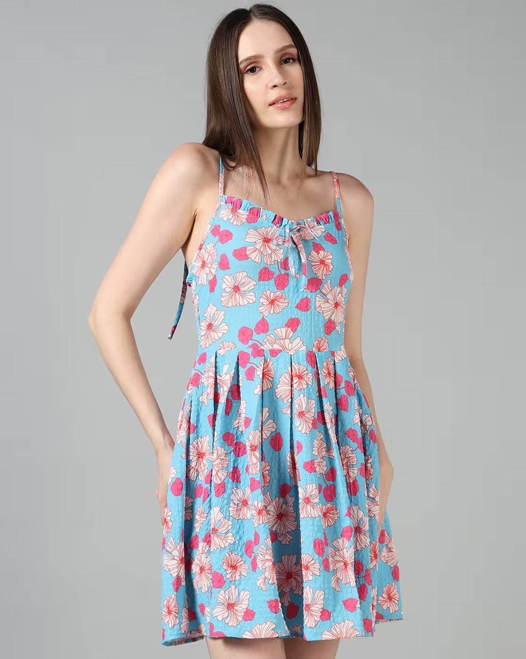 Dressbees Cute Spaghetti Strap Floral Print Fit and Flare Dress